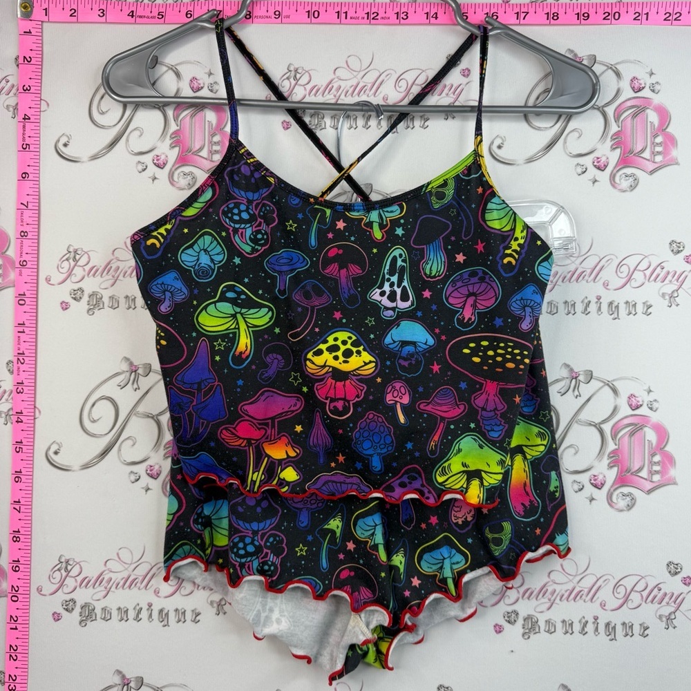 Set 2 piece tank top and shorts, neon, psychedelic, Neon Mushroom Ruffle